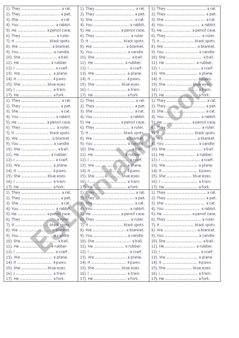 have got/has got insert task for 9 students