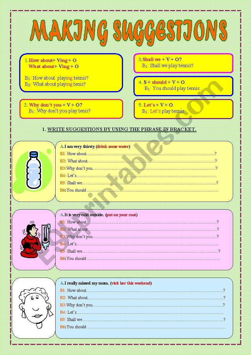 MAKING SUGGESTIONS (2 PAGES+ 8 EXERCISES + 48 SENTENCES)