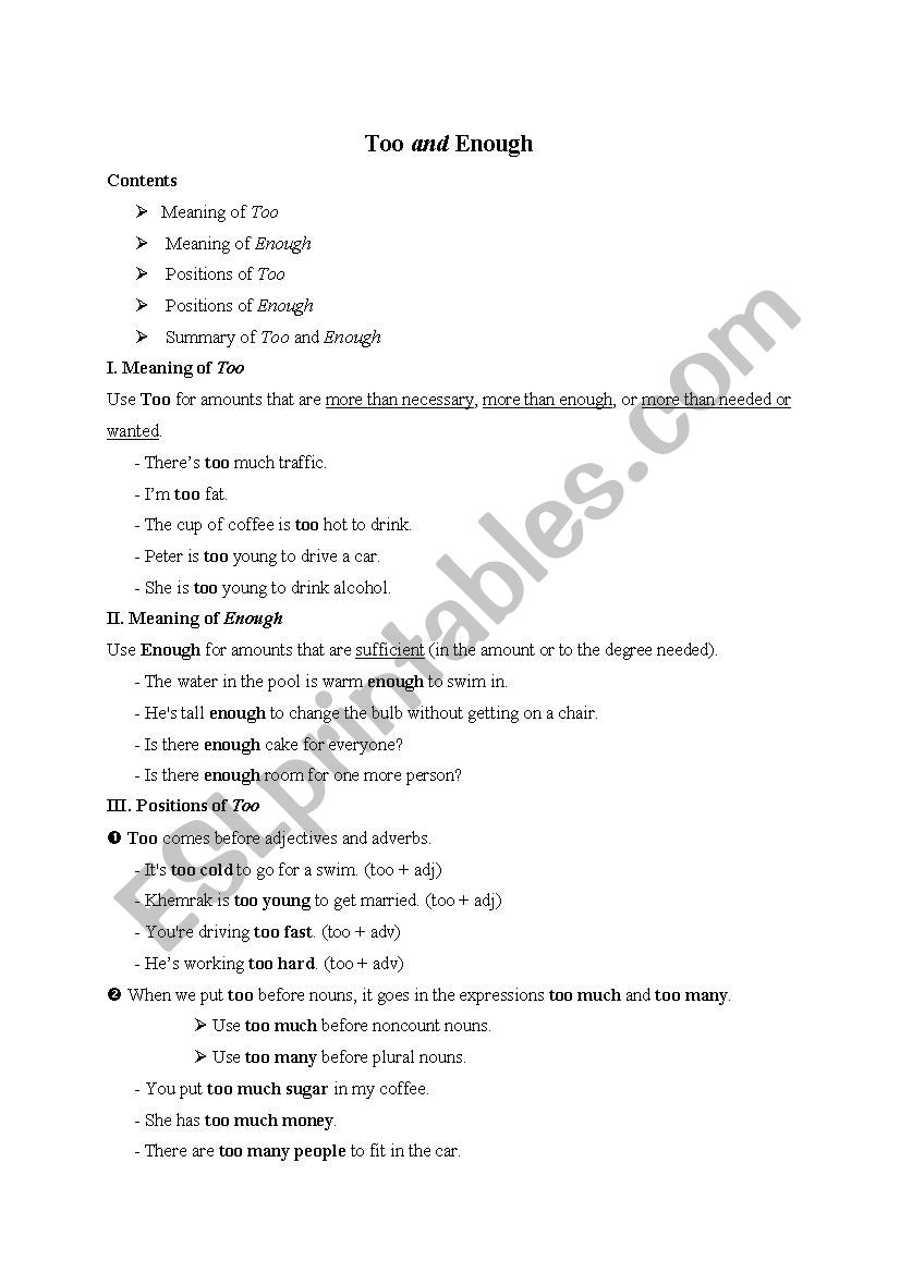 Too and Enough worksheet