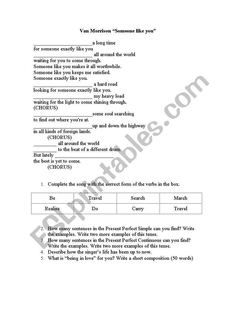 Song. Van Morrison .  worksheet