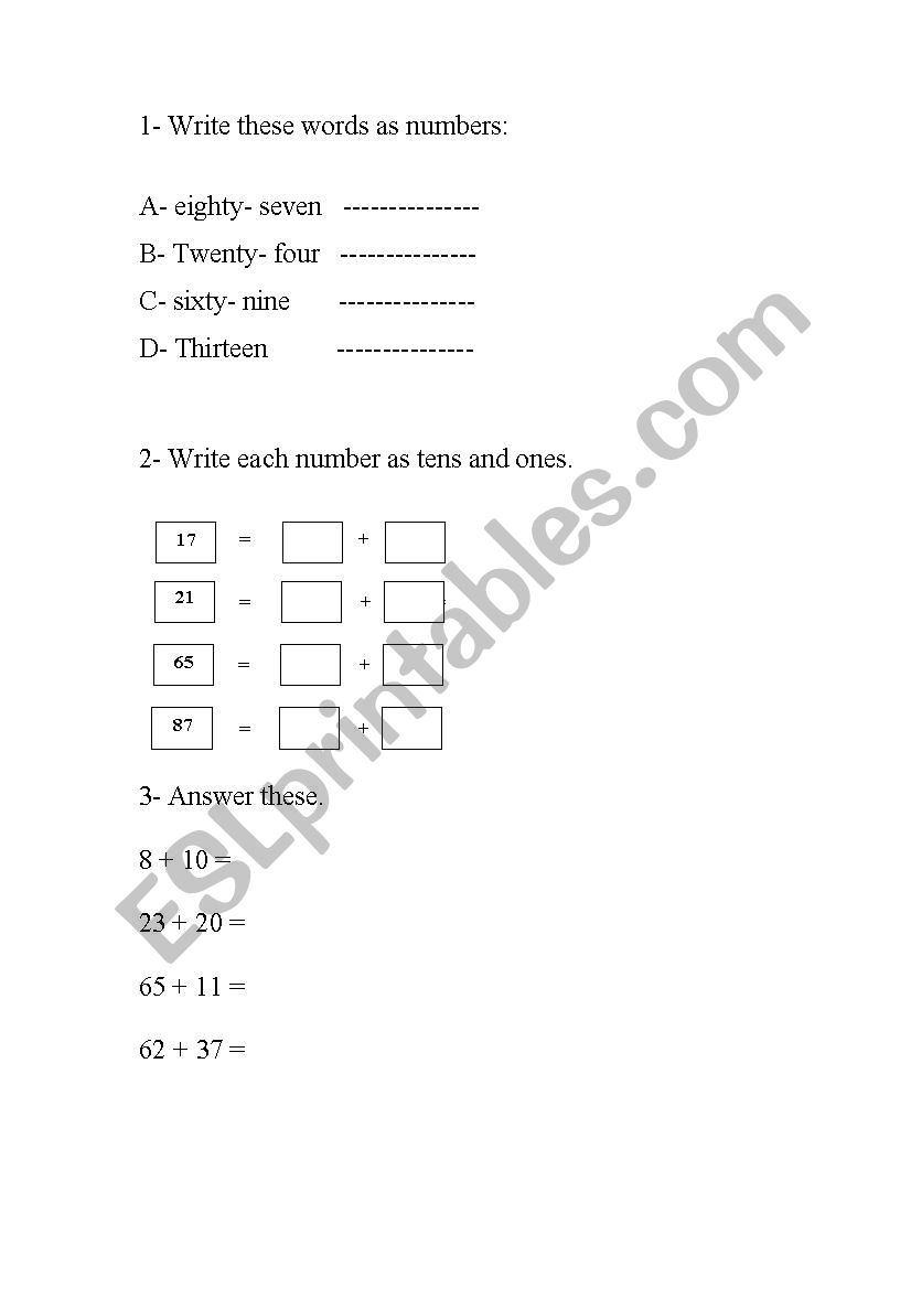 numbers  worksheet