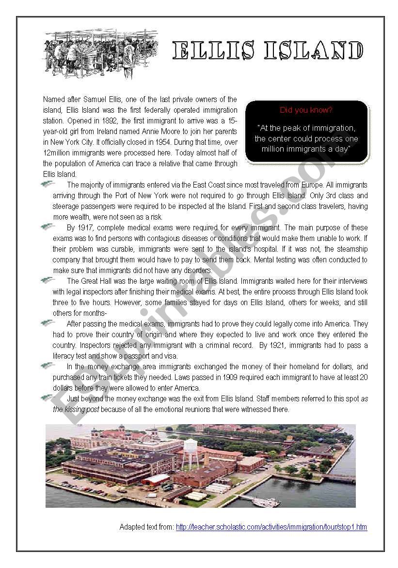 Ellis Island worksheet