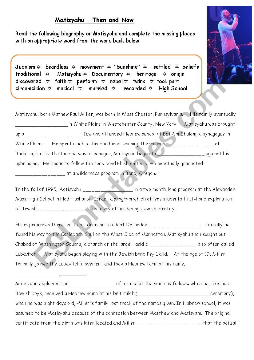 Matisyahu Then and Now worksheet