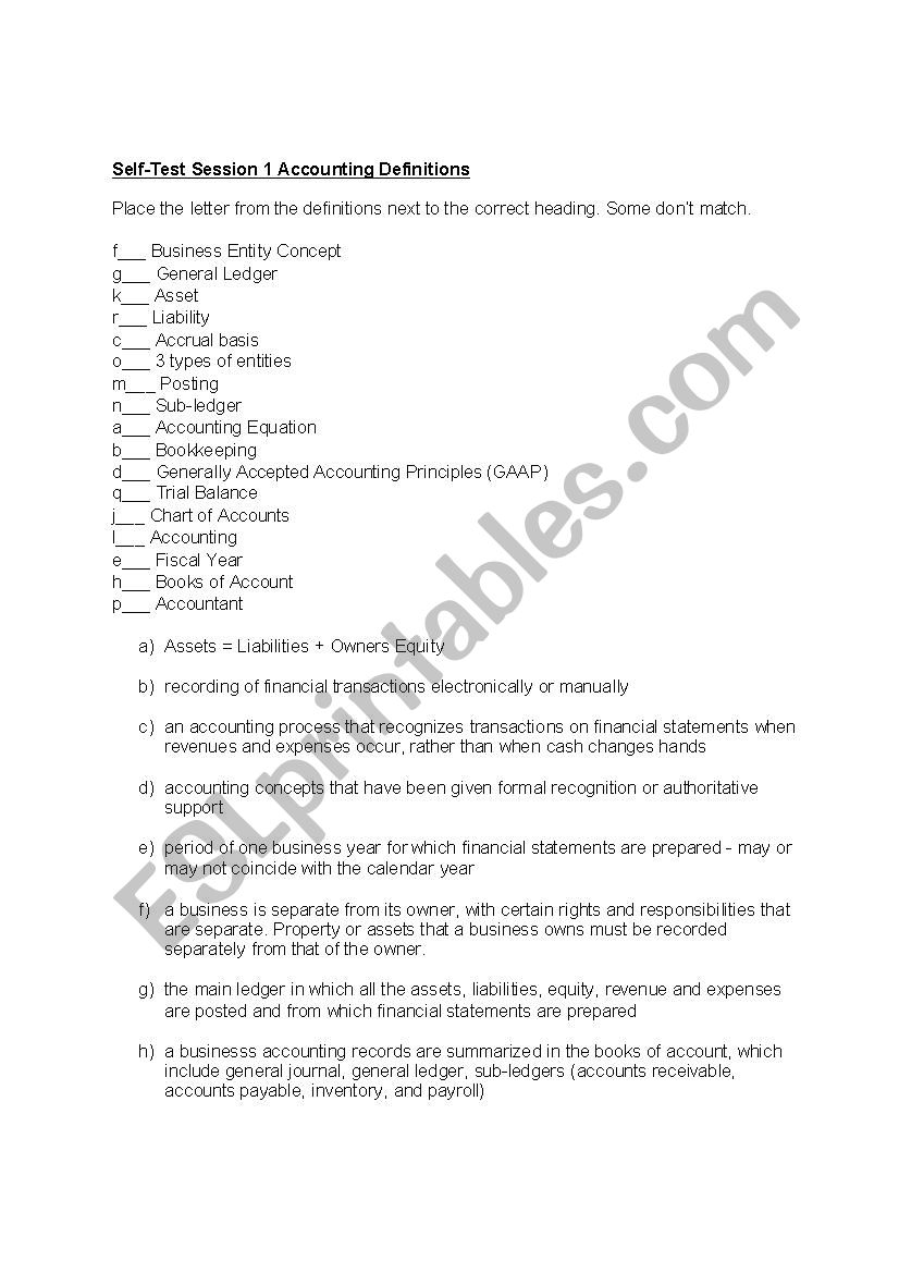 Accounting Definitions Test worksheet