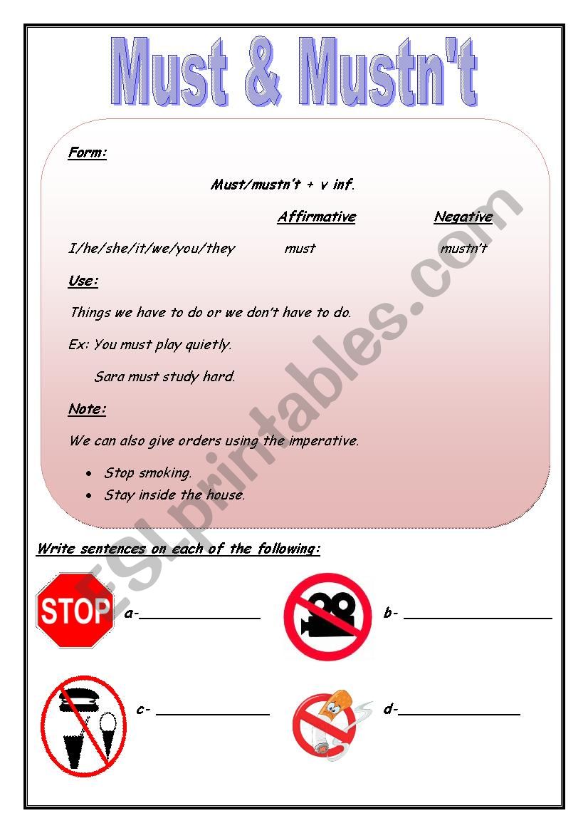 Must & mustnÂ´t worksheet