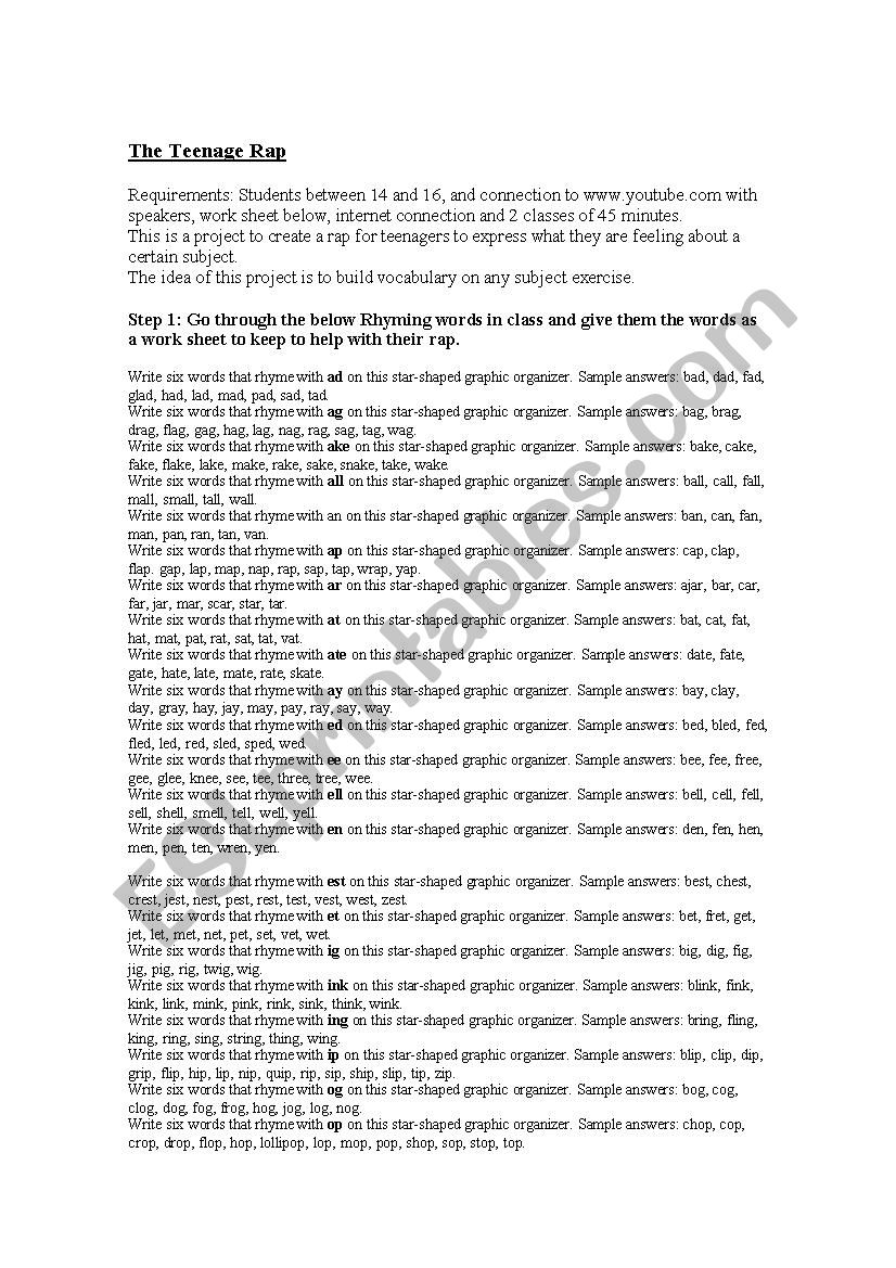 Teenage Rap worksheet