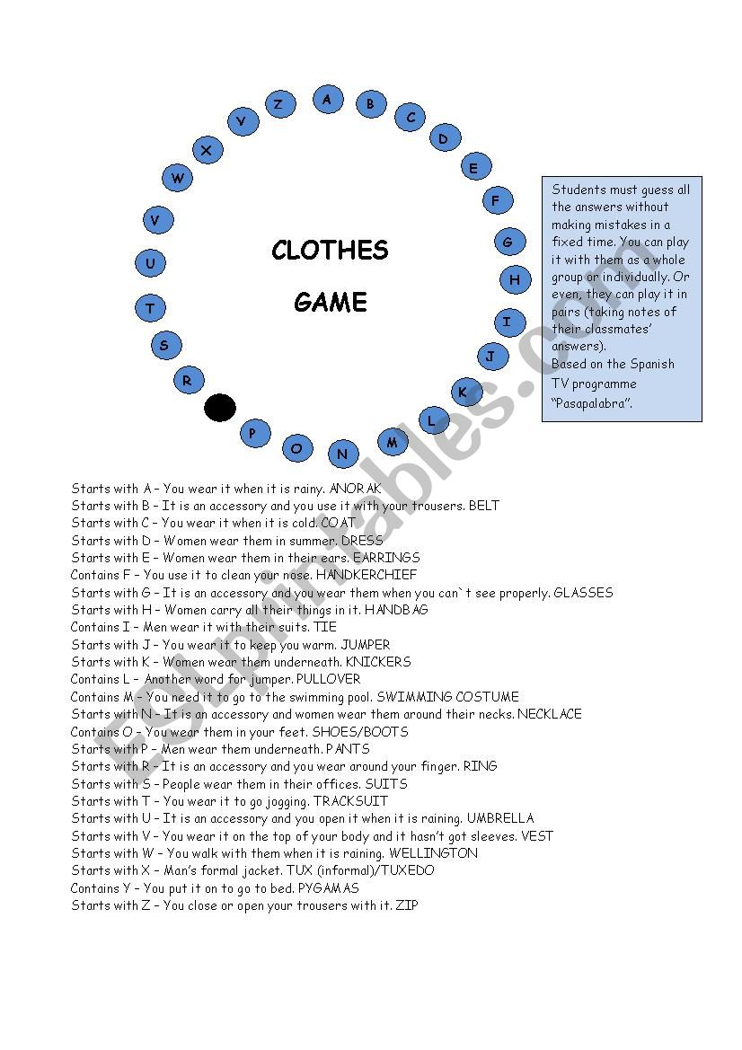CLOTHES GAME worksheet