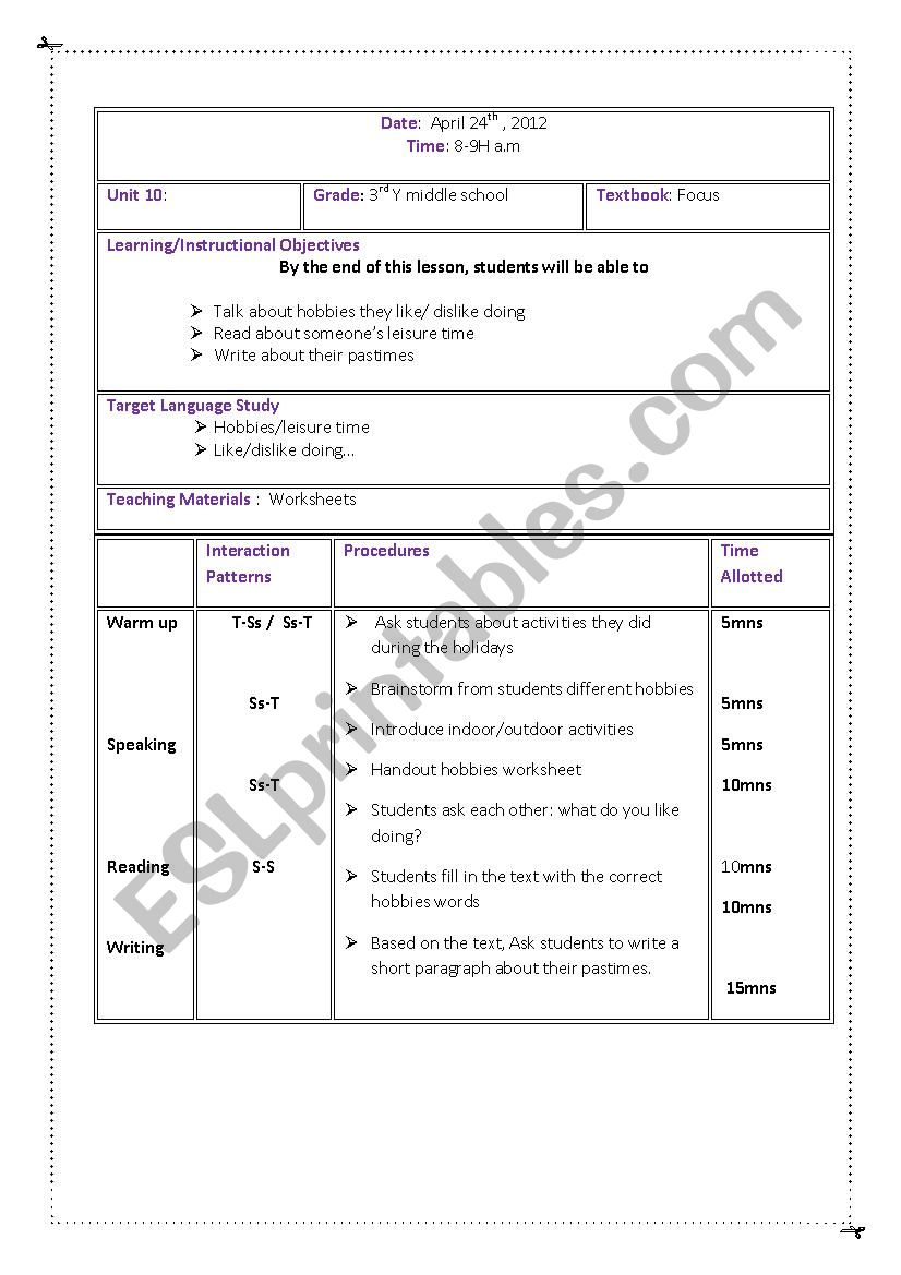 Lesson plan worksheet