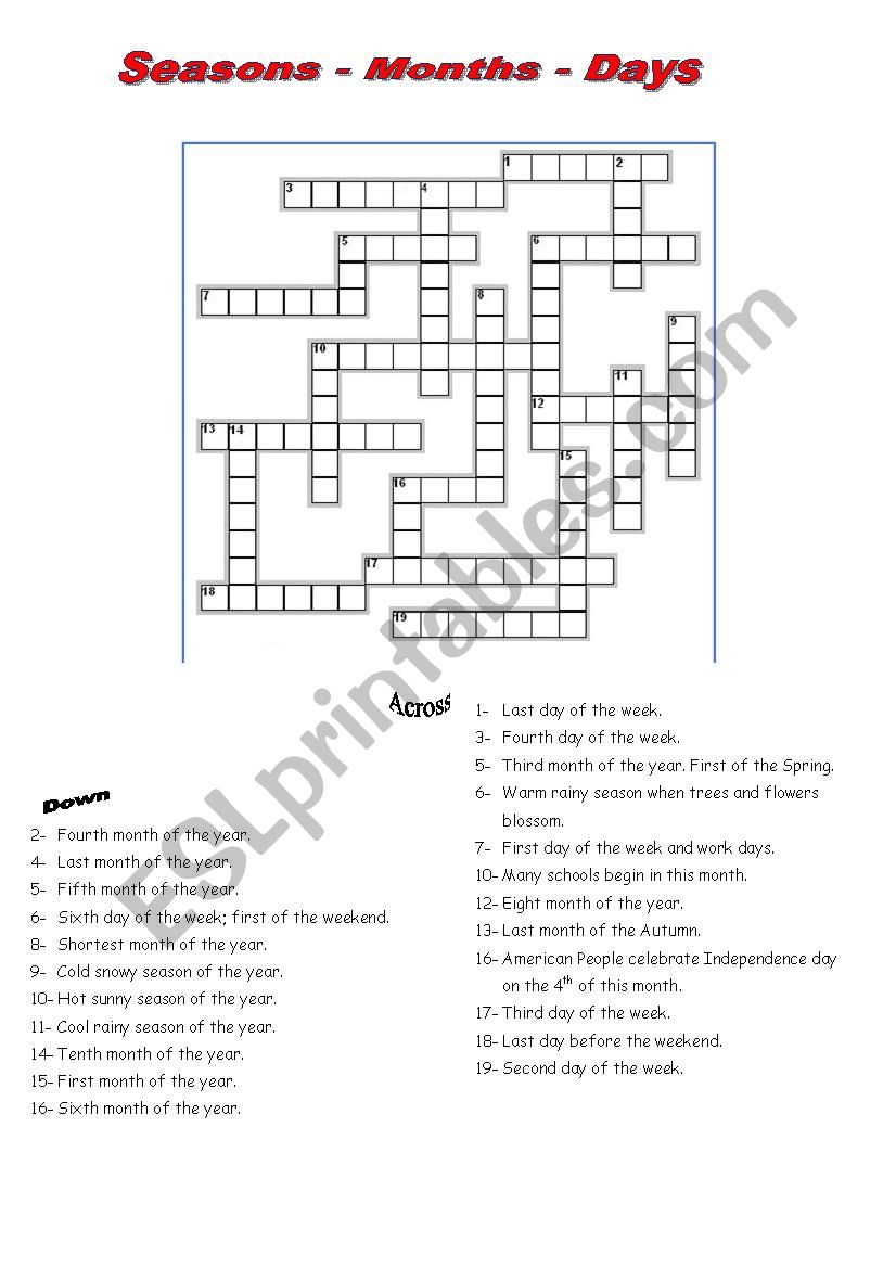 DAYS_MONTHS AND SEASONS CROSSWORD