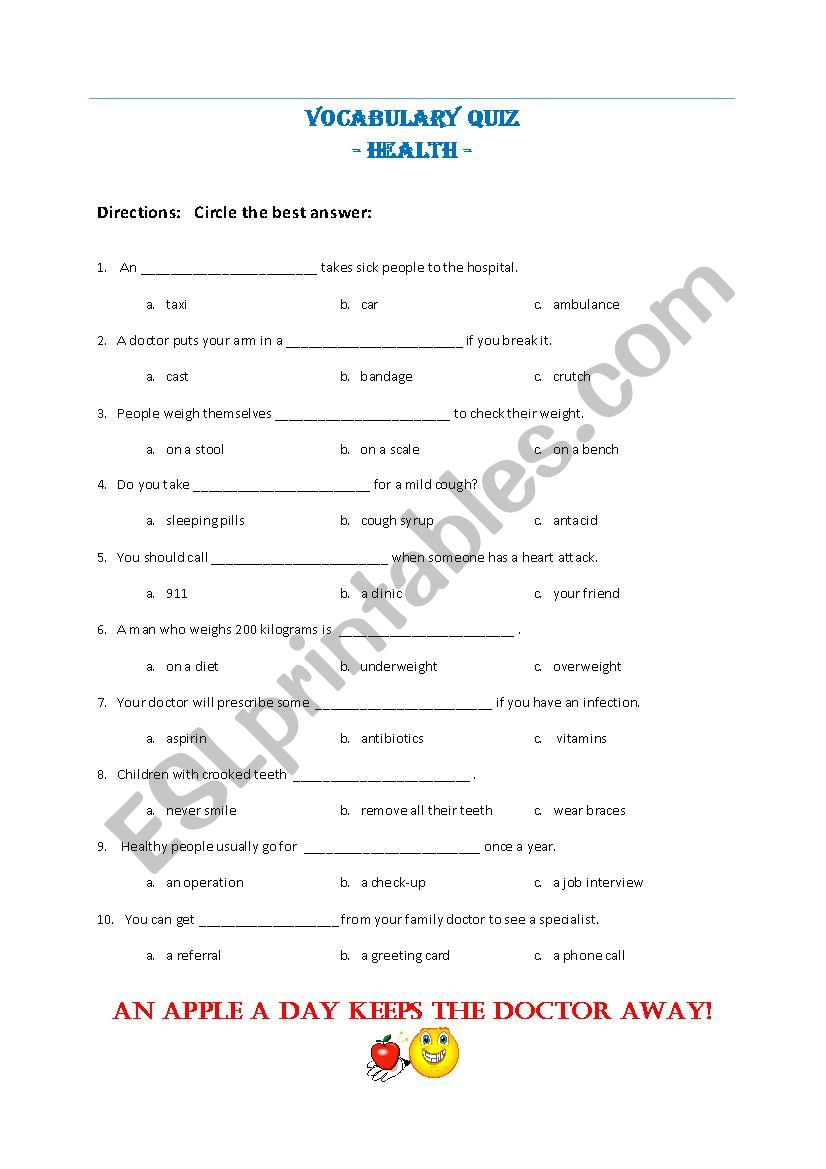 Quiz for Health Vocabulary worksheet