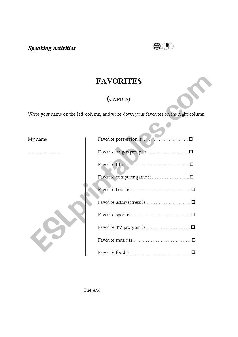 Favorite card worksheet