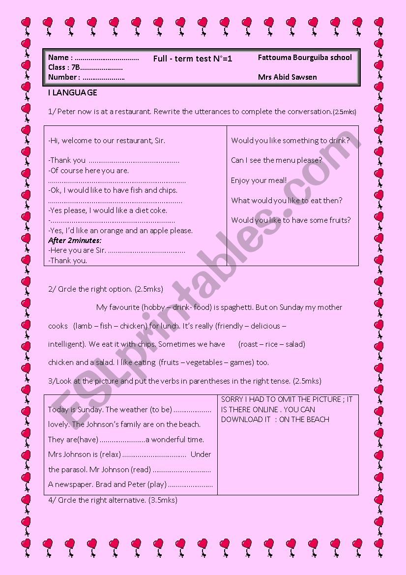 7th form full term test 1 worksheet