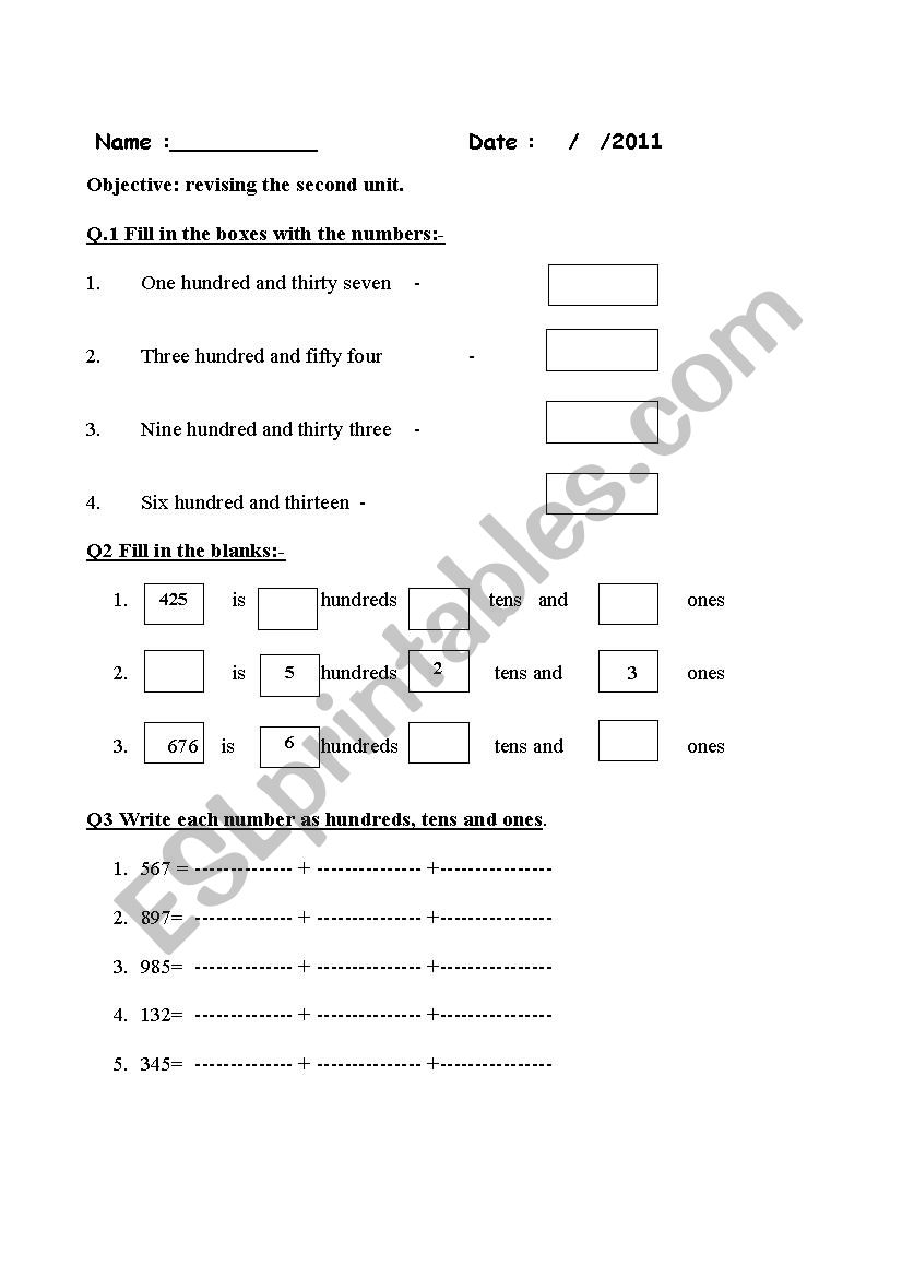 numbers  worksheet