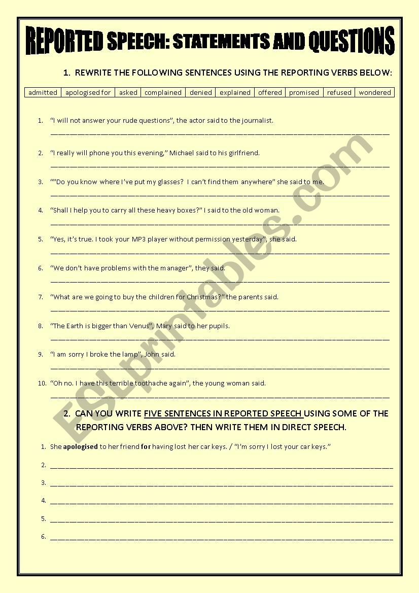 REPORTED STATEMENTS AND QUESTIONS with other reporting verbs