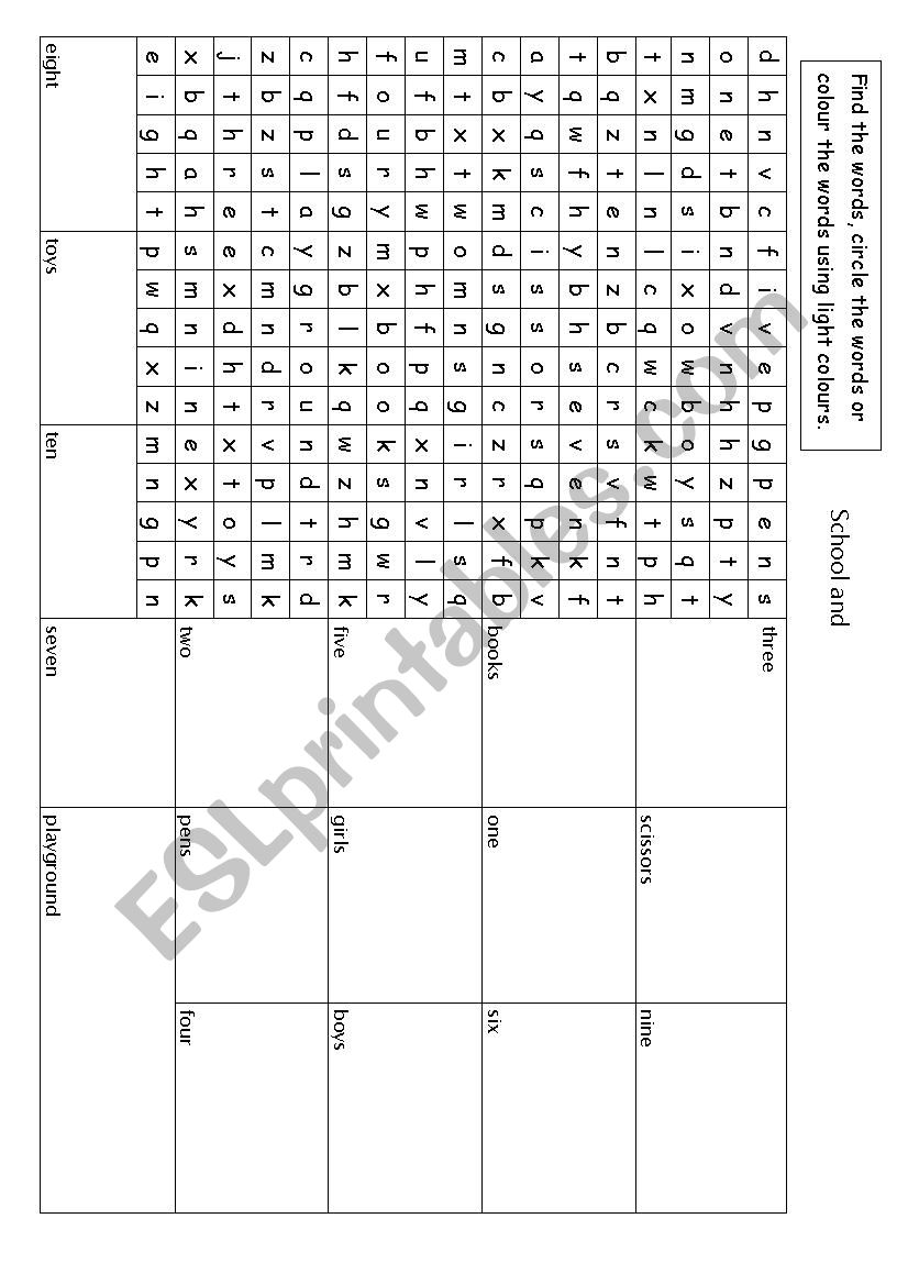 Wordsearch School vocabulary and number words 1 - 10