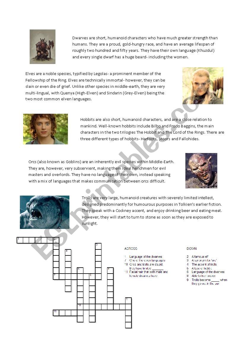 lord of the rings crosswords worksheet