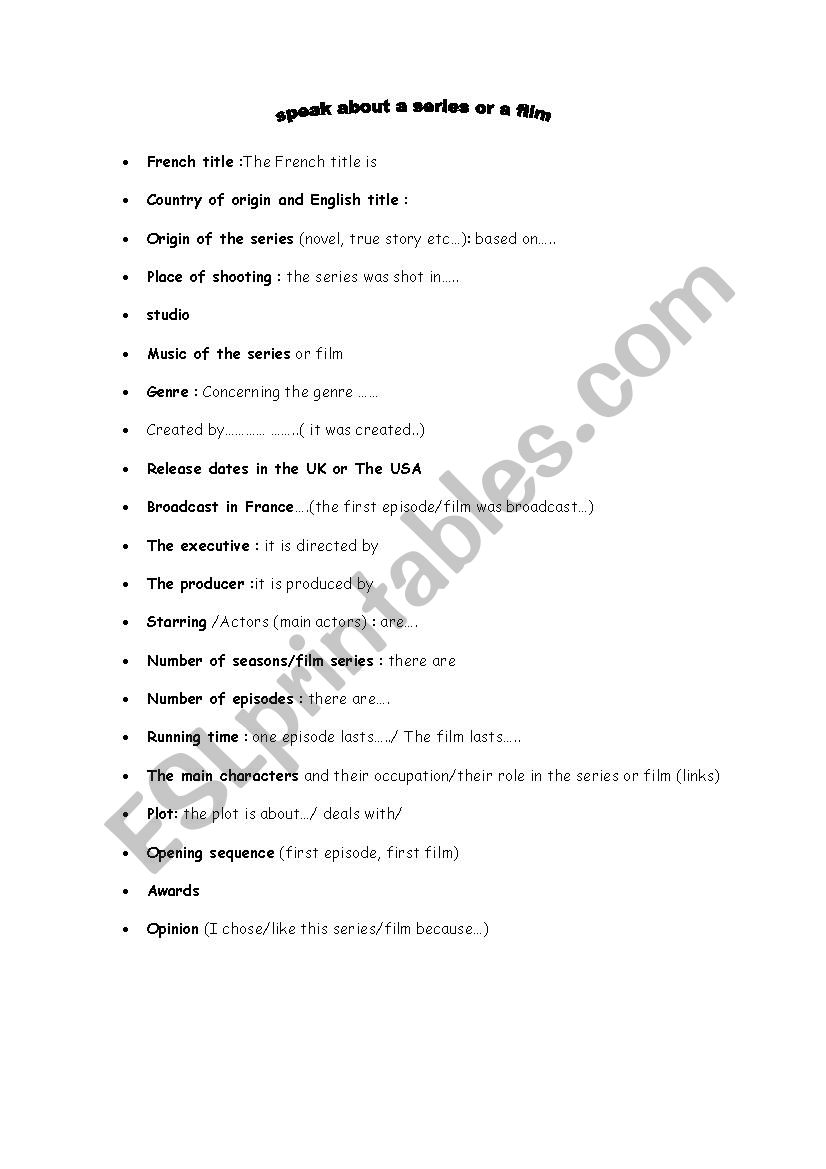 series and films worksheet