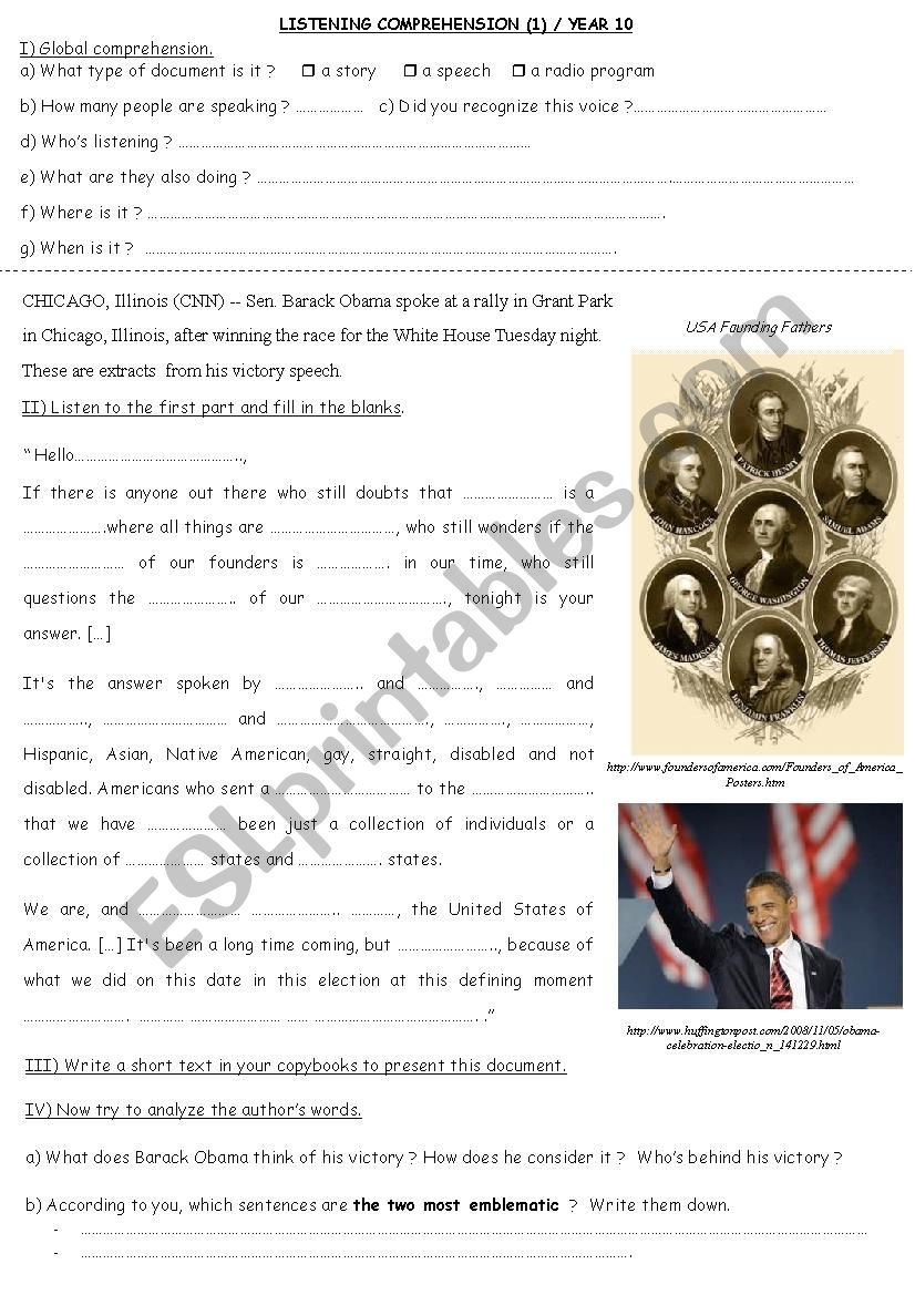 ObamaÂ´s 2008 victory speech worksheet