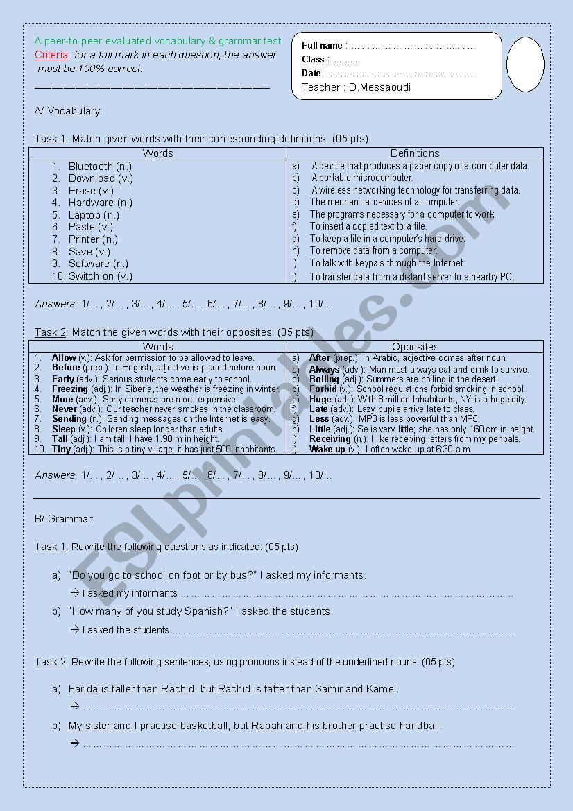 A peer-to-peer evaluated vocabulary & grammar test - Level 1