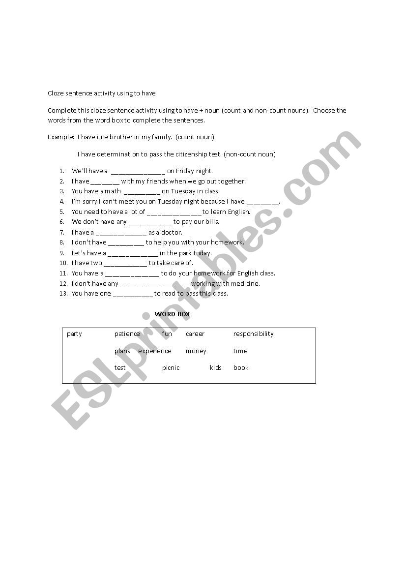 Cloze Sentence Worksheet using to have