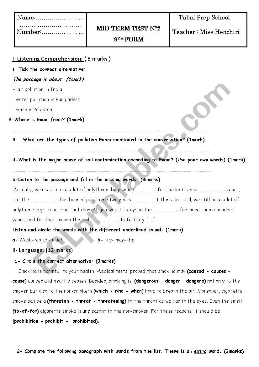 Mid term test N2 worksheet