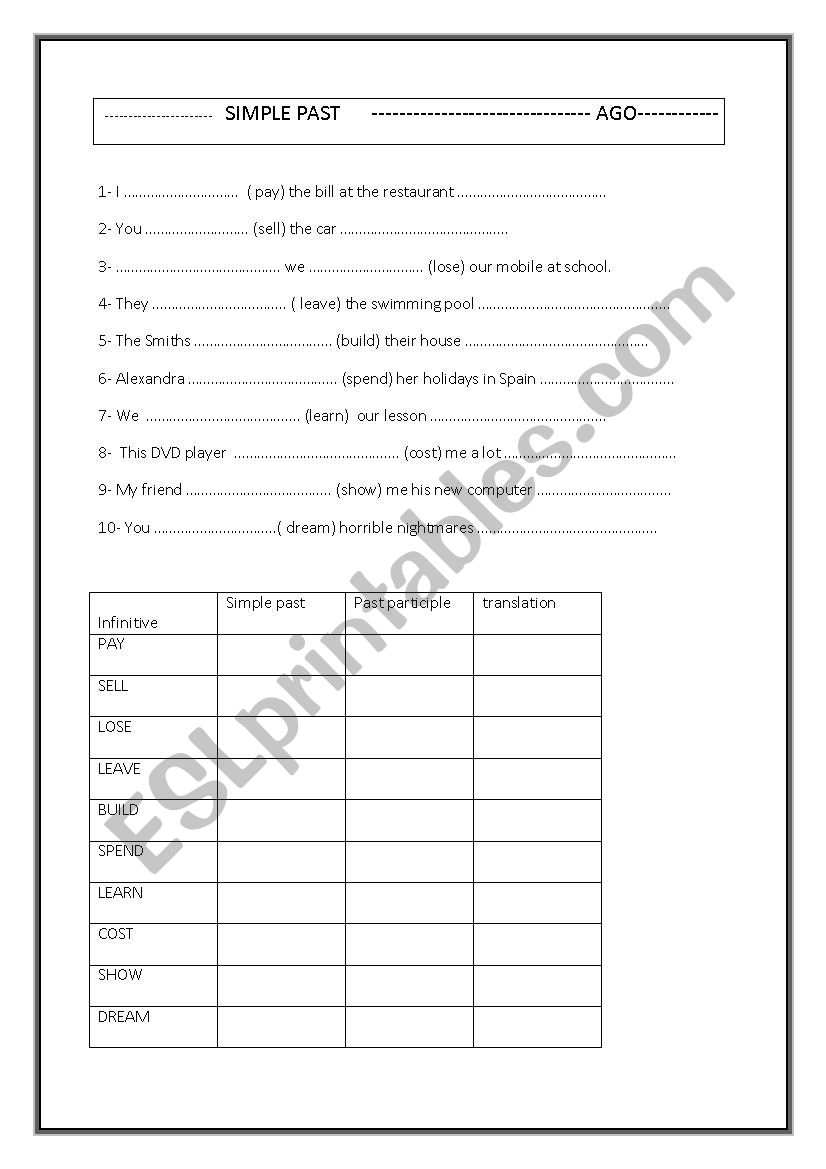 Ago Past Simple Esl Worksheet By Allonsvoirsilarose