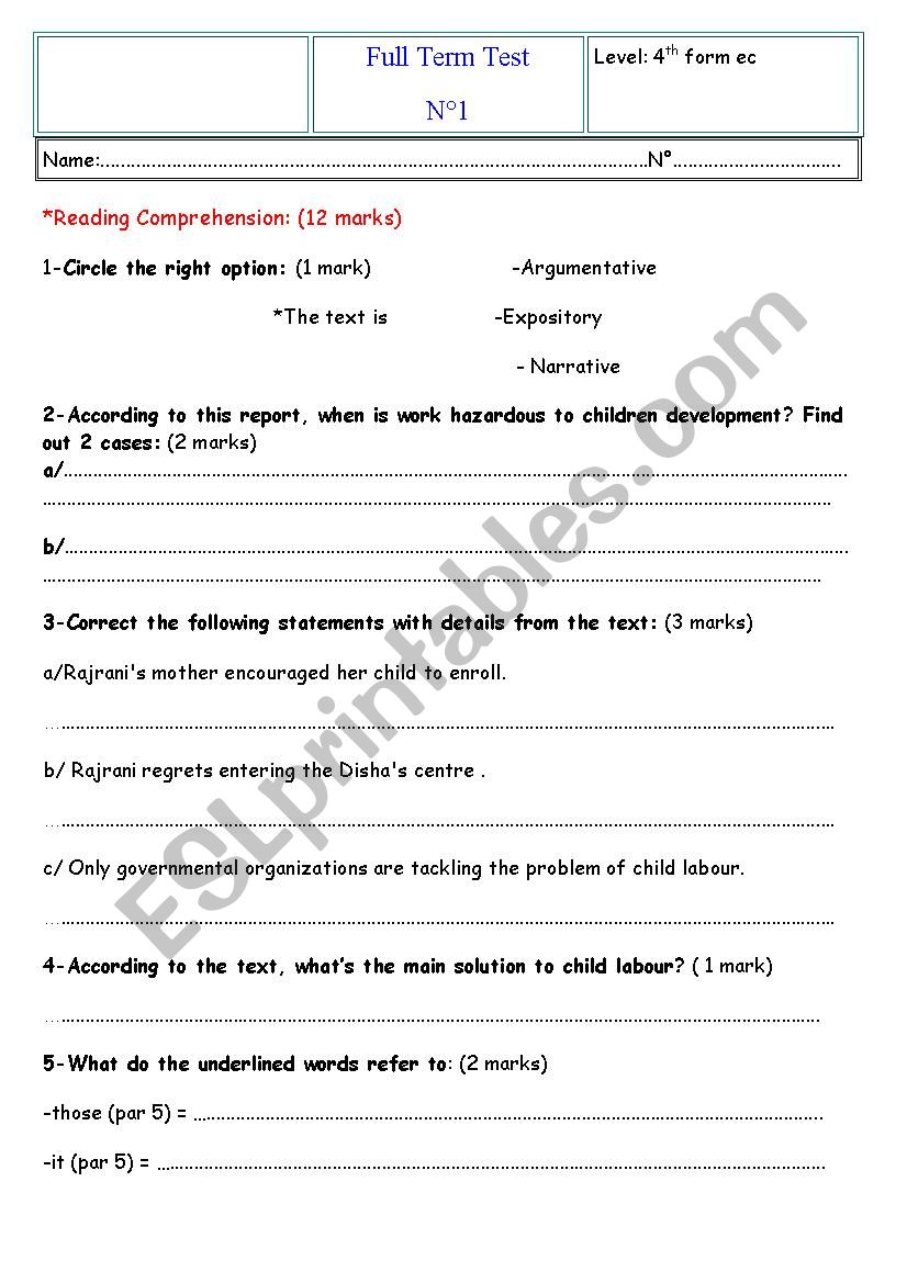 full term test n 1 worksheet