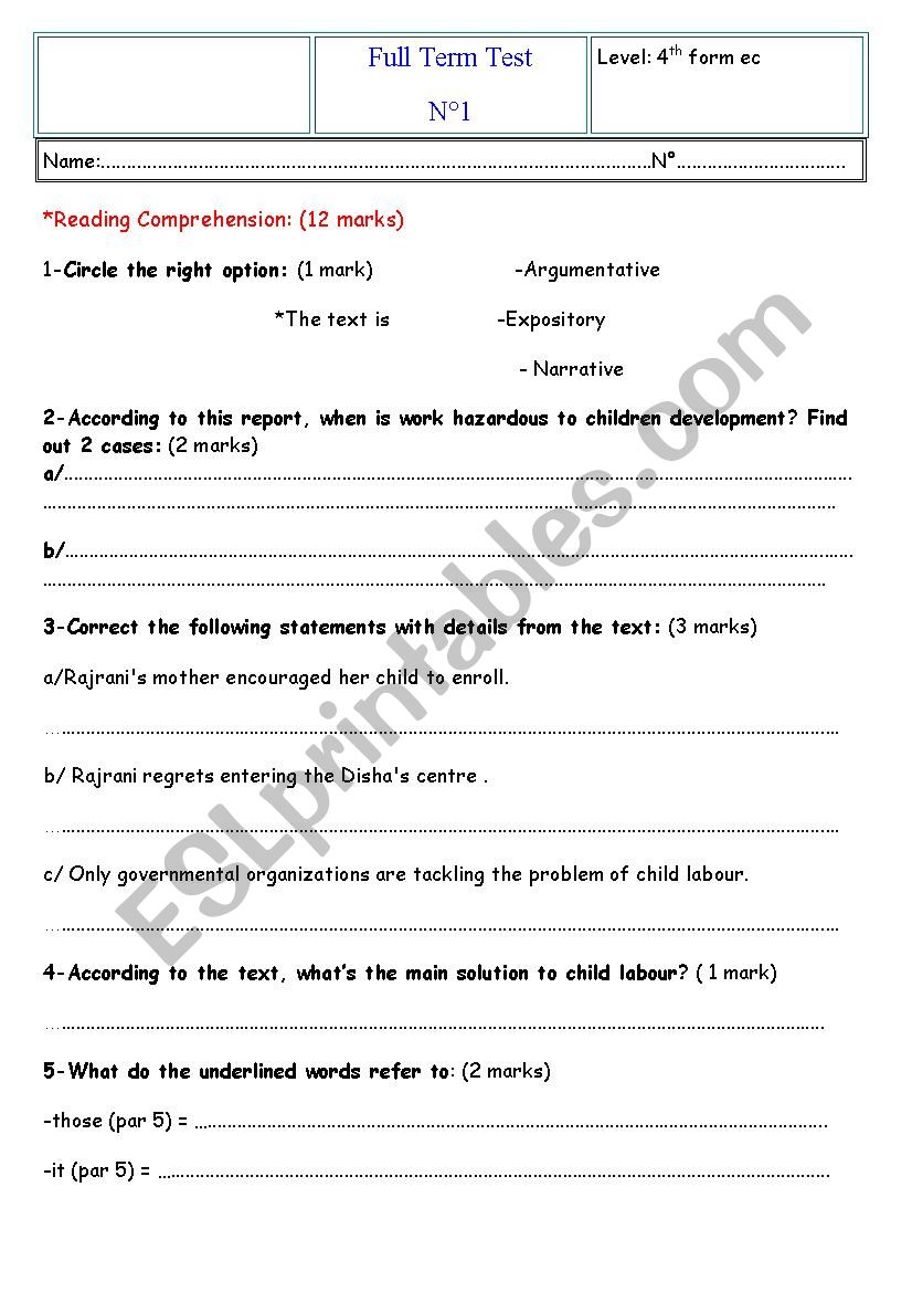 full term test n 1 worksheet