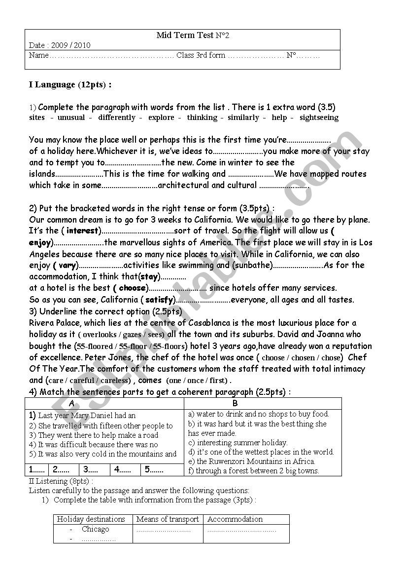 Mid term test n°2 (3rd form) worksheet
