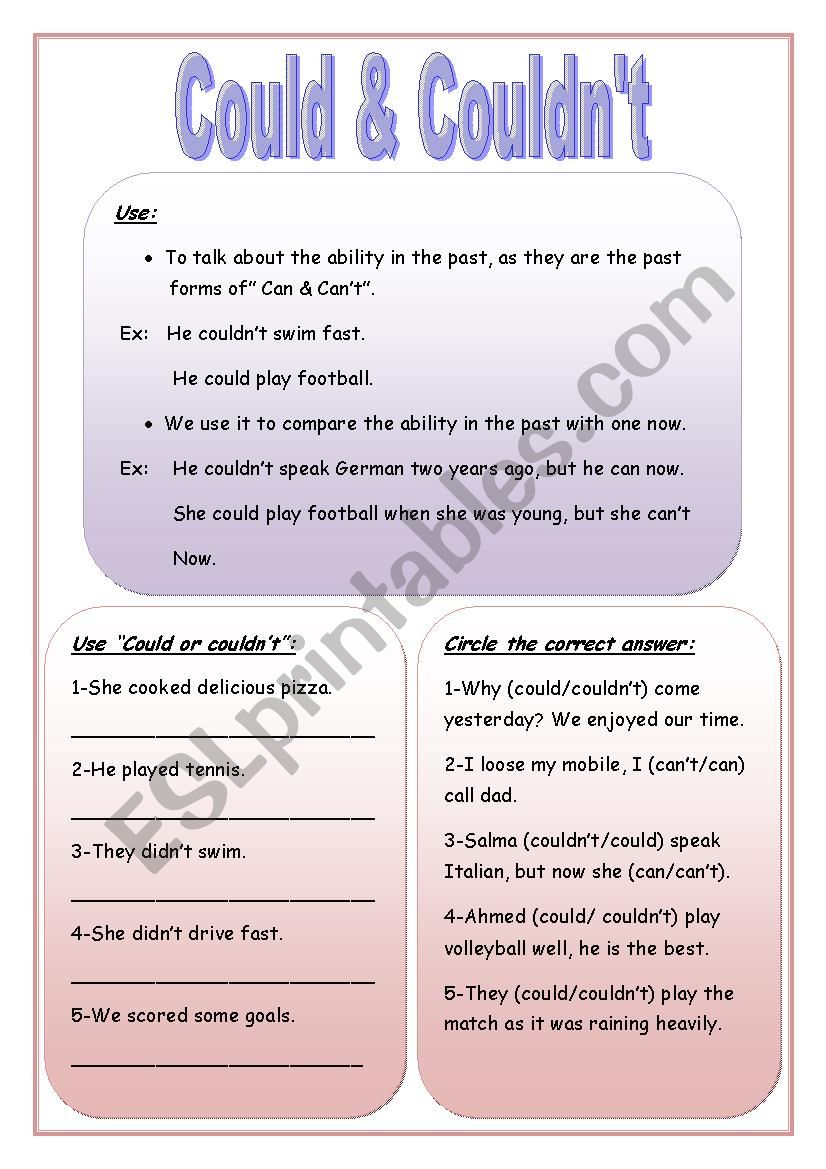 Could & couldnt worksheet