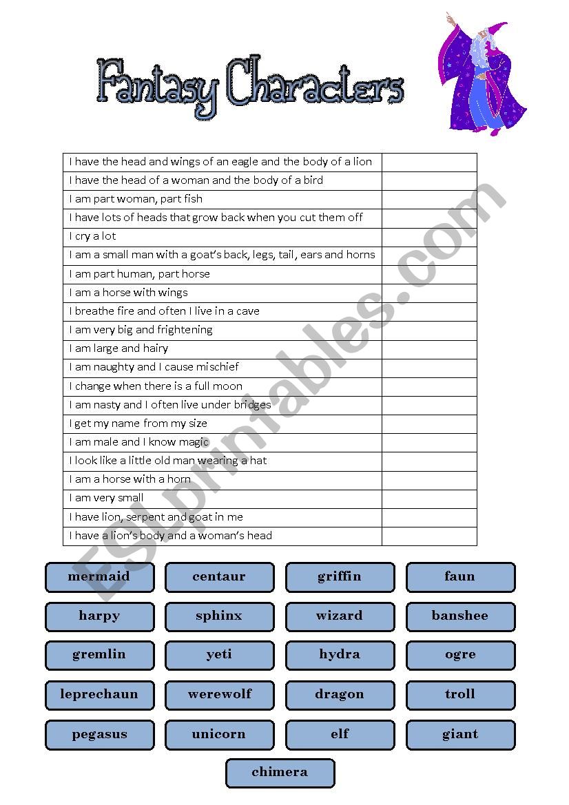 Fantasy Characters worksheet