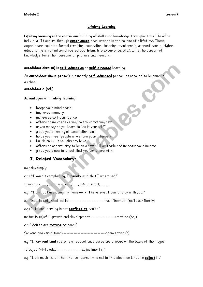 Lifelong learning (bac) worksheet