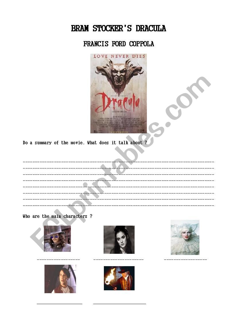 DRACULA MOVIE WORKSHEET worksheet