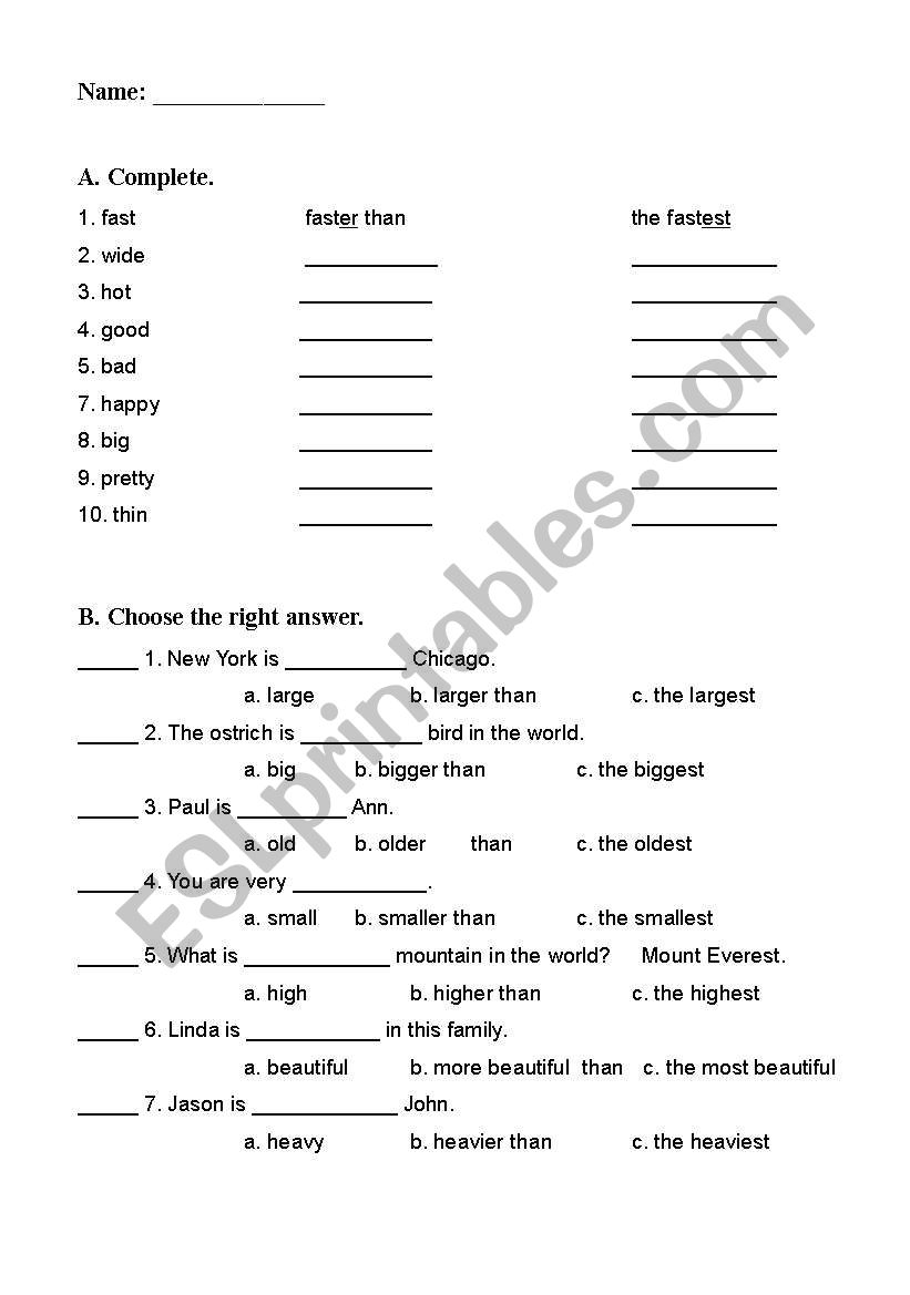 Comparatives VS Superlatives worksheet