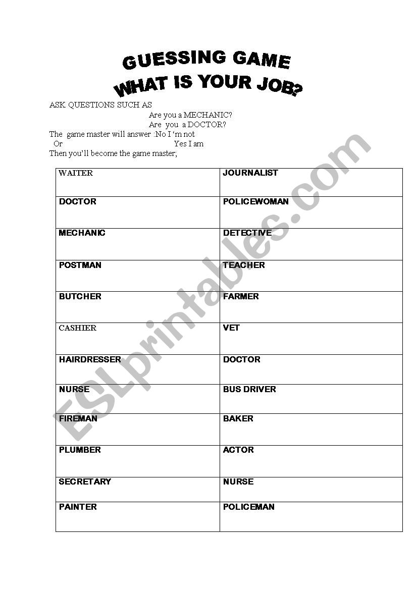  jobs   guessng game worksheet