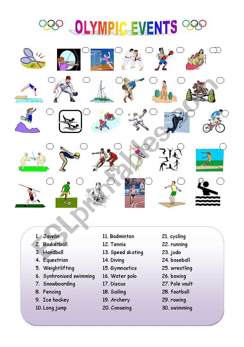 Olympic events worksheet