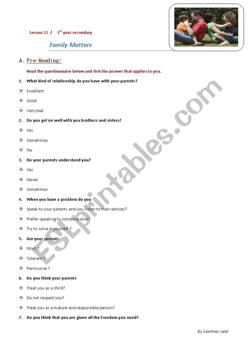 Family Matters worksheet