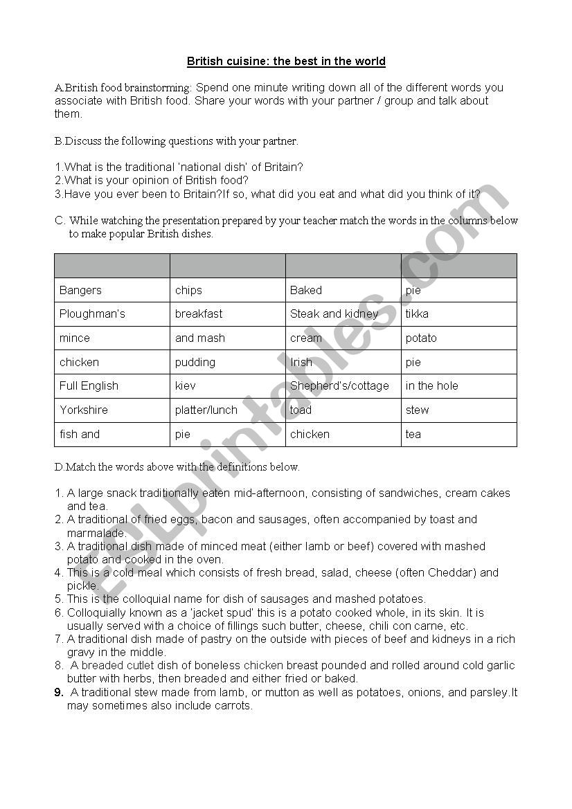 British food worksheet  worksheet