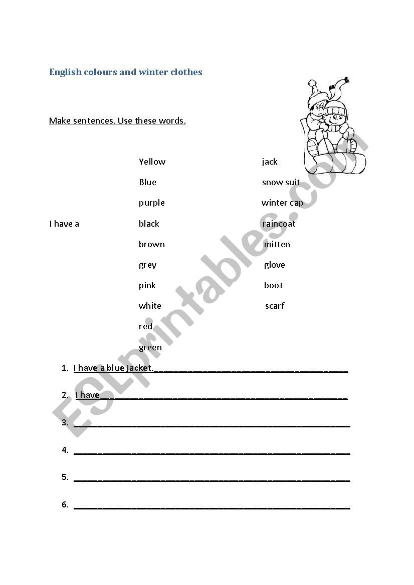 English winter clothes worksheet