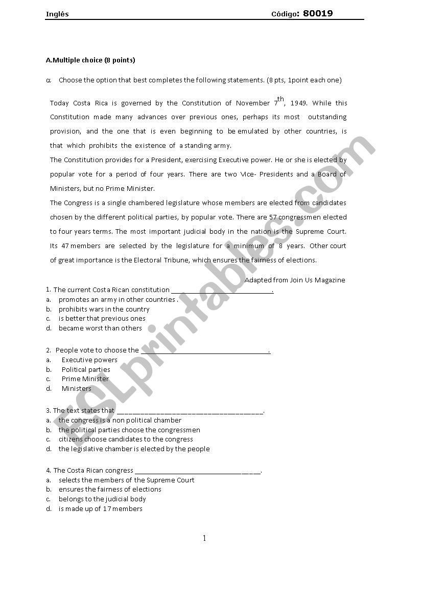 Test / tenth graders  worksheet