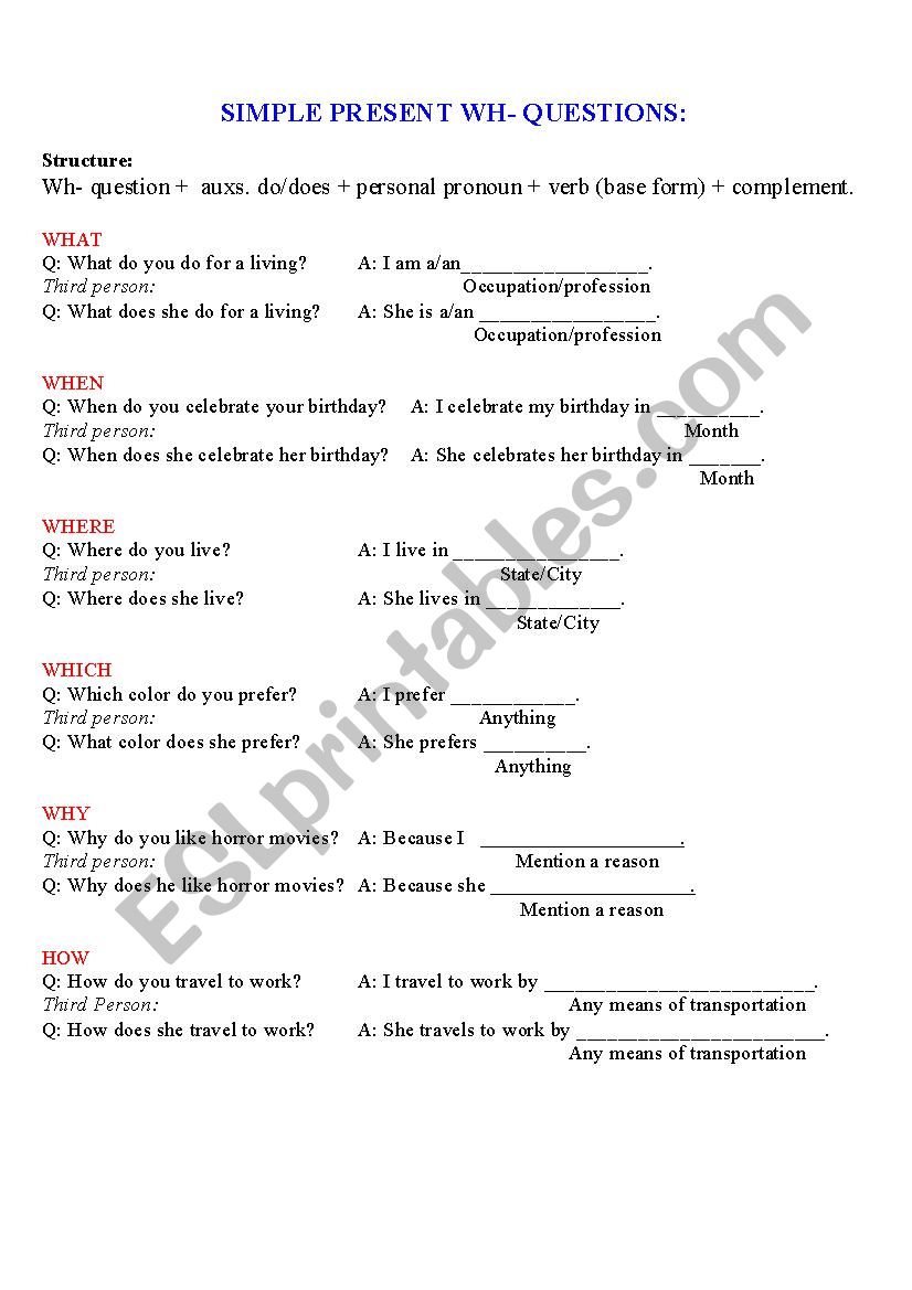 Wh Questions in Simple Present Tense