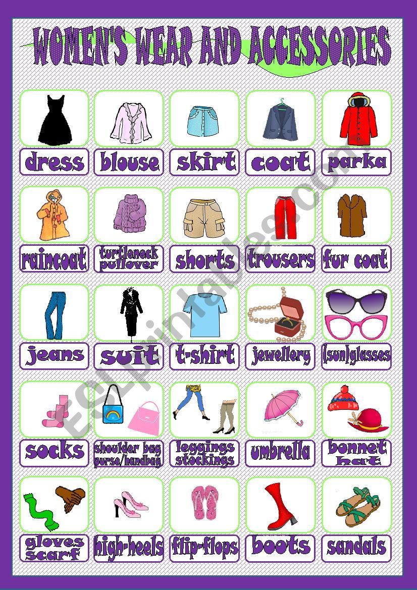Womens wear and accessories worksheet