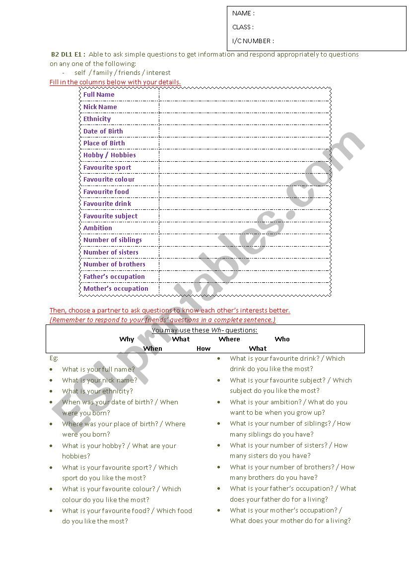 Introducing Yourself worksheet