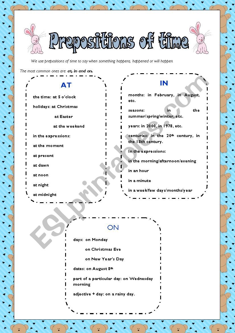 PREPOSITIONS OF TIME: IN, ON, AT (Grammar explanation+ exercises)