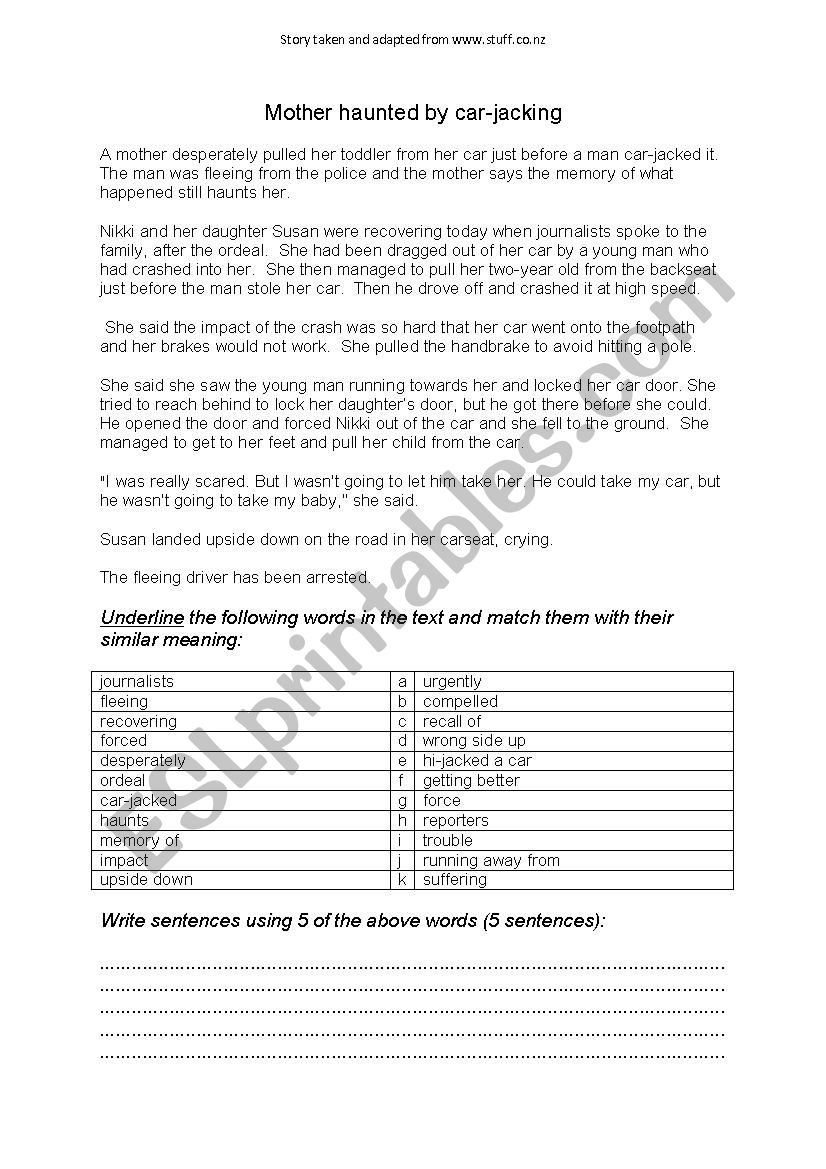 Mother haunted by car jacking worksheet