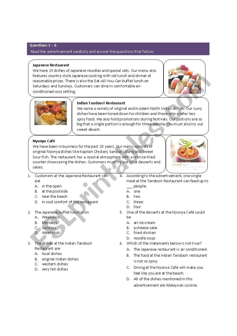 Objective questions on food worksheet