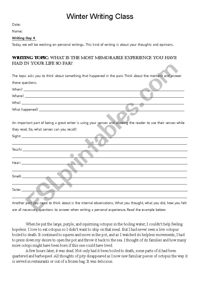 Writing - personal experience worksheet