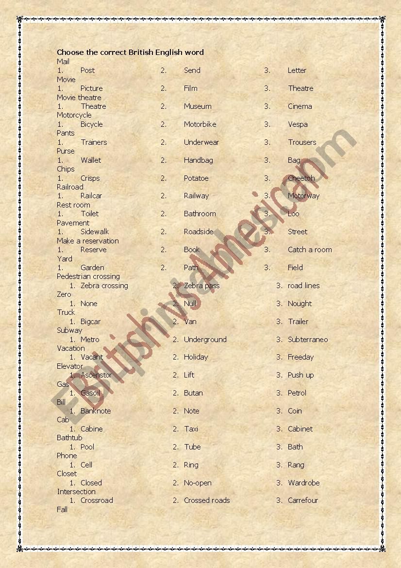 American and British English worksheet