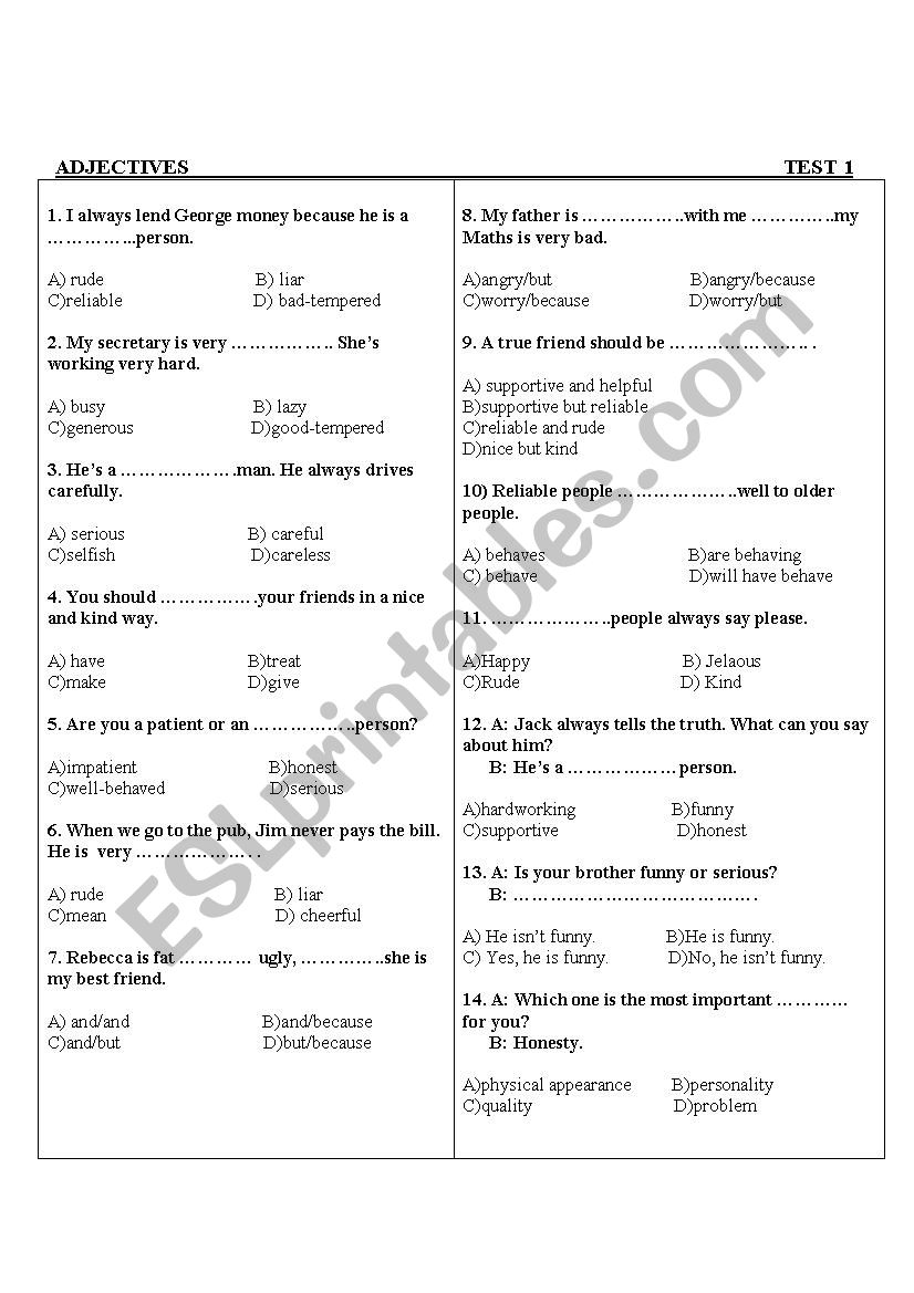 Adjectives worksheet