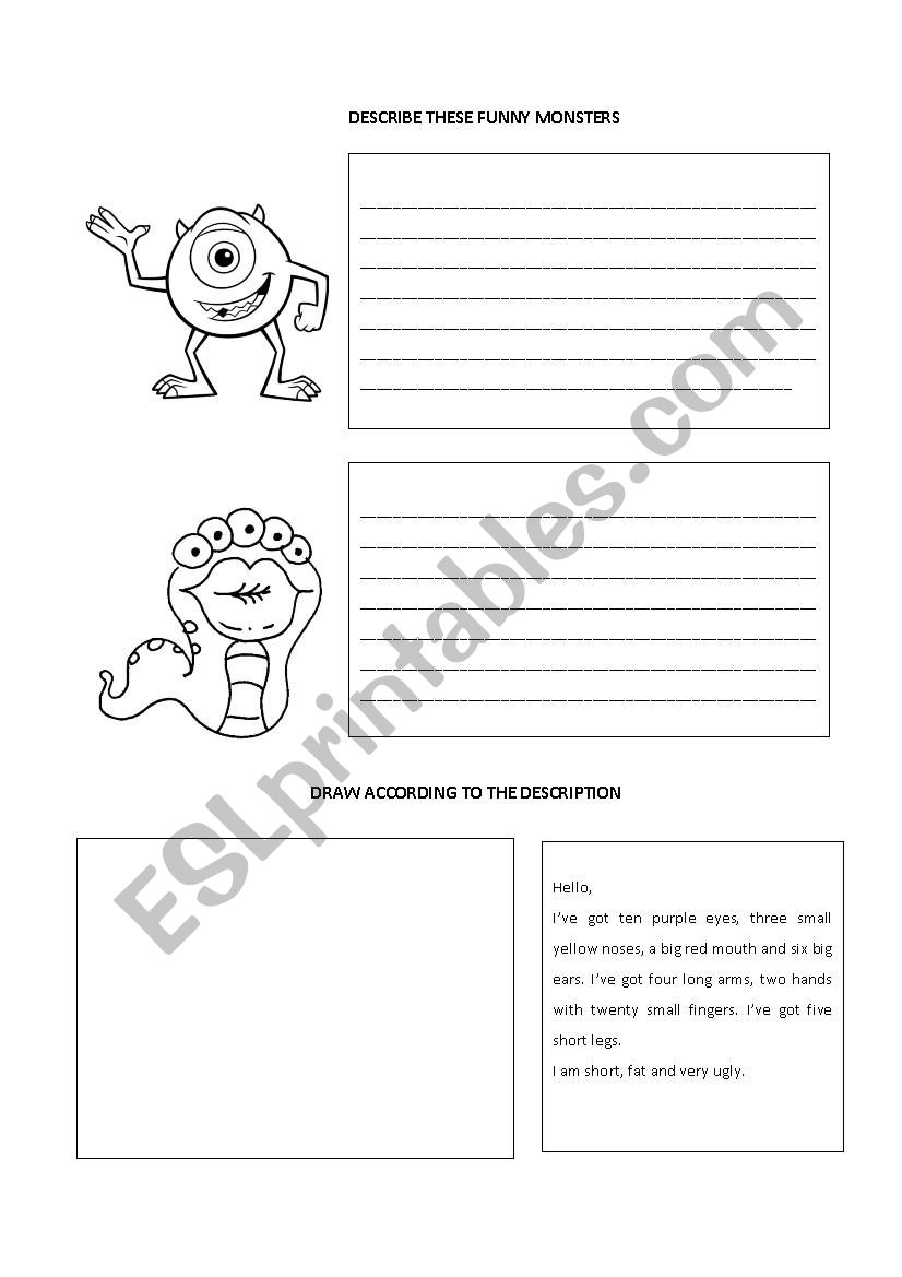 Describe these funny monsters worksheet